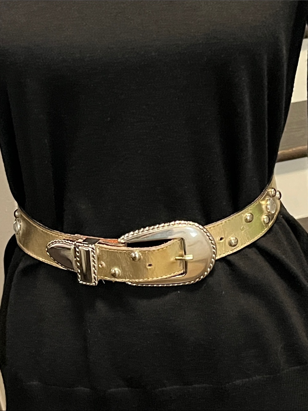 Billy Belts Calif Gold Metallic Belt with Silver Buckle, Studs & Rhinestones Med